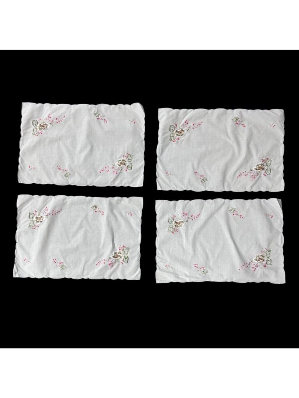 Vintage Embroidered Floral Fabric Placemats Set Of 4 Scalloped Edges Cream Green - Picture 3 of 6